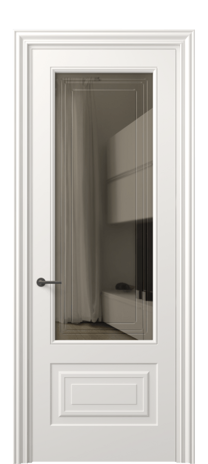 Межкомнатная дверь Mascot 8442 Матовый пудровый белый Прозрачное бронзовое стекло с гравировкой "Грани", триплекс Цена 76950 ₽ | Volhovec