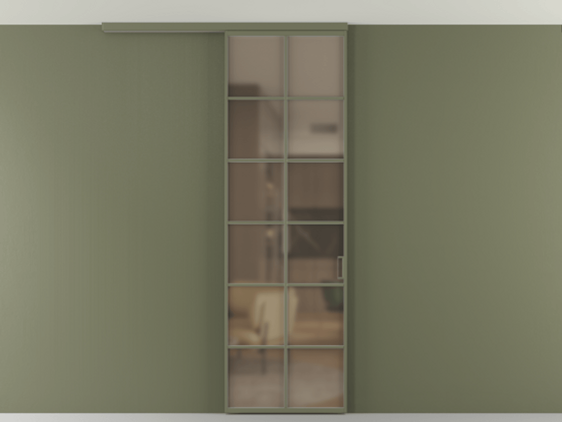 Перегородка Формато вдоль стены на потолок 1 створка АЛПР 040.05 Алюминий оливковый тёмный Сатинированное бронзовое стекло, триплекс Цена 118640 ₽ | Volhovec