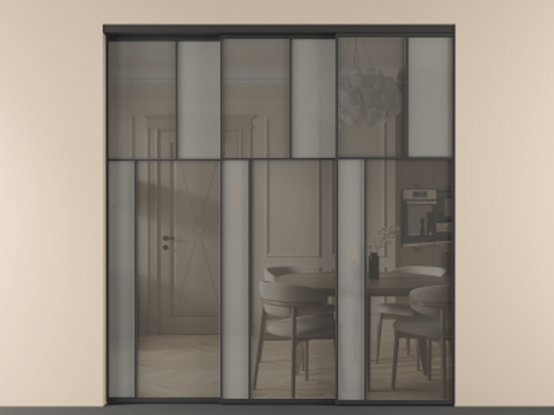 Перегородка Mosaic внутри проёма телескопик синхро 2 АЛПР 041.22 Алюминий Черный Сатинированное серое стекло, триплекс, 6 мм + Прозрачное серое стекло, триплекс Цена 81675020 so'm | Volhovec