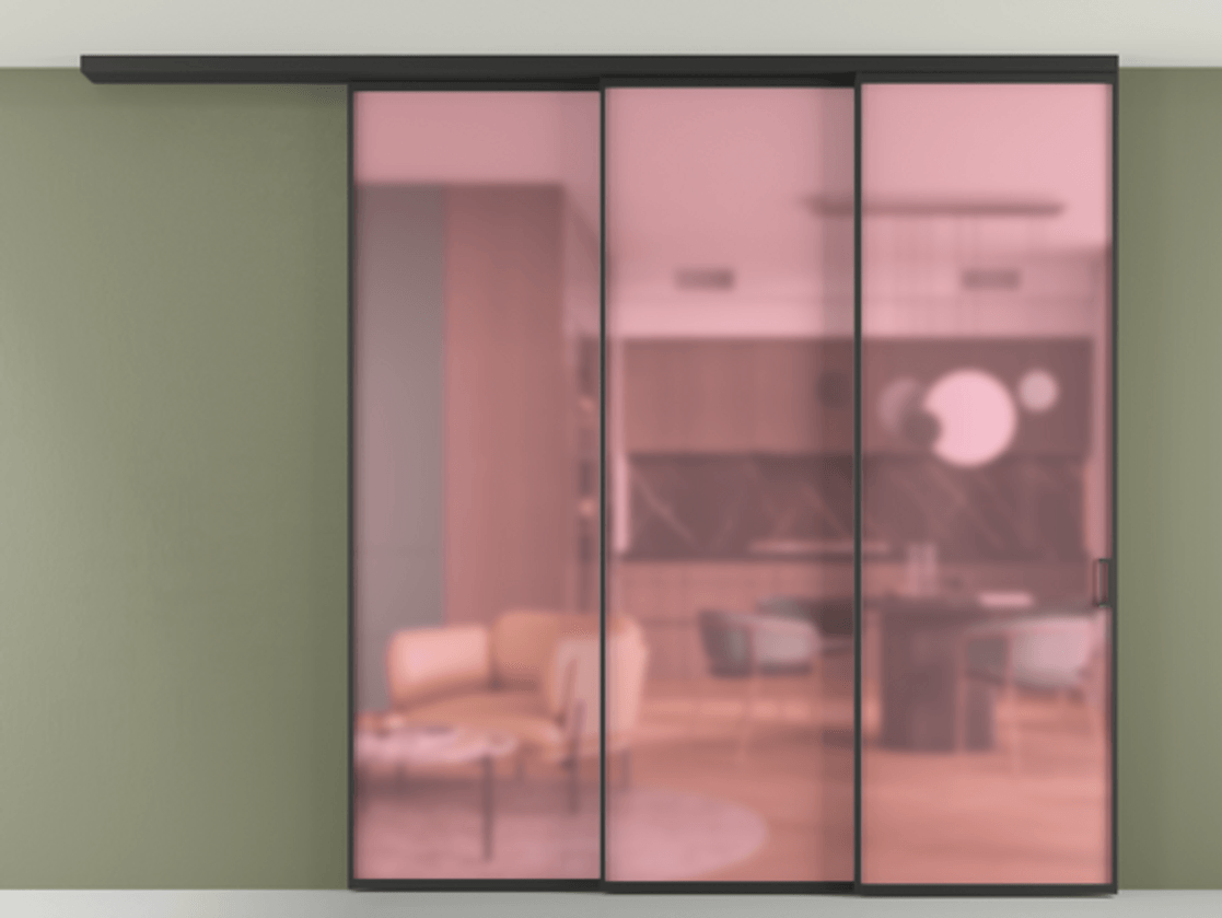 Перегородка Формато вдоль стены на потолок 3 створки с синхронным механизмом АЛПР 040.01 Алюминий Черный Сатинированное розовое стекло, триплекс Цена 400000 ₽ | Volhovec