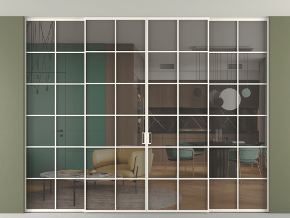 Перегородка Formato внутри проёма скрытое крепление в потолок 4 створки АЛПР 040.05 Алюминий пудровый белый Прозрачное серое стекло, триплекс Цена 512900 ₽ | Volhovec