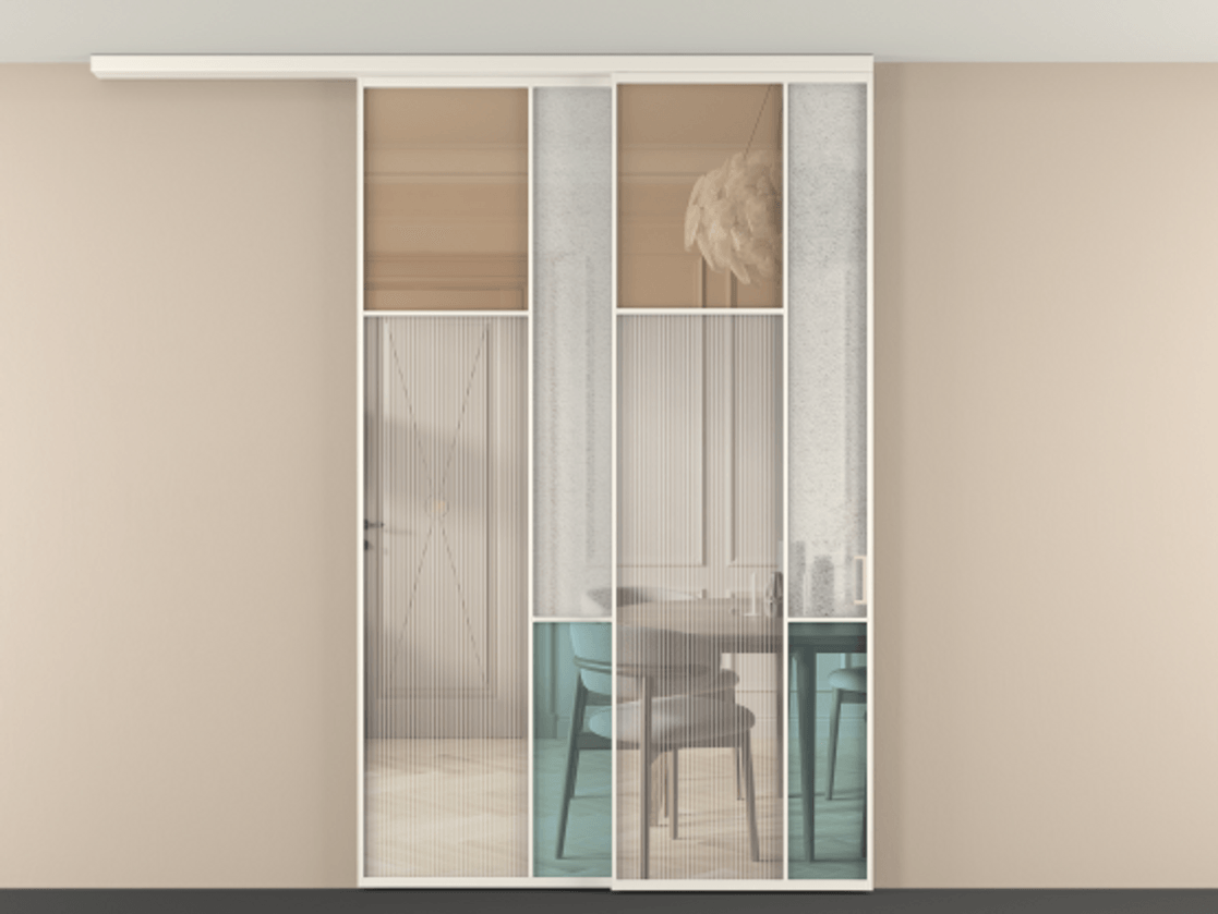 Перегородка Mosaic вдоль стены на потолок 2 створки с синхронным механизмом АЛПР 041.10 Алюминий бежево-серый Комбинация стекол Группы 1 и Группы 3 Цена 393890 ₽ | Volhovec