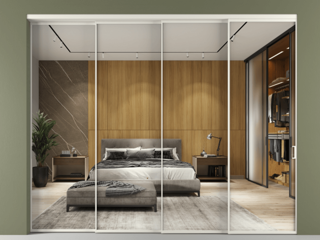 Перегородка Formato внутри проёма 4 створки с синхронным механизмом АЛПР 040.01 Алюминий Белый Двустороннее зеркало, триплекс , триплекс 6 мм Цена 526350 ₽ | Volhovec