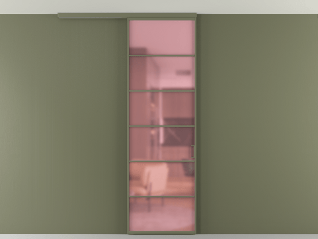 Перегородка Formato вдоль стены на потолок 1 створка АЛПР 040.04 Алюминий оливковый тёмный Сатинированное розовое стекло, триплекс Цена 113620 ₽ | Volhovec