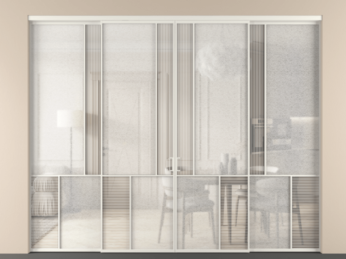 Перегородка Мозаик внутри проёма 4 створки АЛПР 041.20 Алюминий Белый Рифлёное стекло "Дюна", триплекс, 6 мм + Фактурное стекло "Лёд", триплекс. Скрытый короб БЕЛ Цена 521360 ₽ . Фабрика дверей Волховец 8 (800) 551 43 19 Перегородка Мозаик внутри проёма 4 створки АЛПР 041.20 Алюминий Белый Рифлёное стекло "Дюна", триплекс, 6 мм + Фактурное стекло "Лёд", триплекс Цена 521360 ₽ | Volhovec