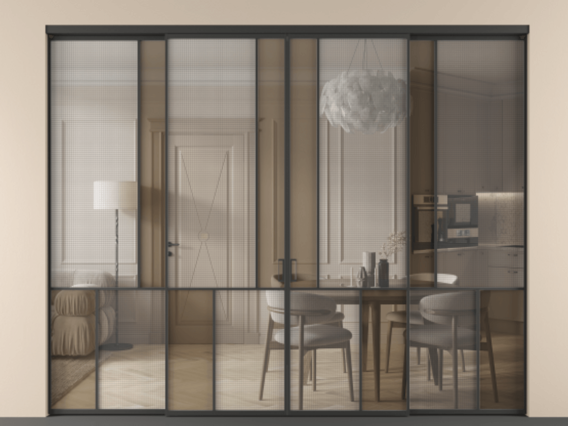 Перегородка Mosaic внутри проёма 4 створки АЛПР 041.20 Алюминий Черный Декоративное стекло с сеткой "Mesh silver", триплекс, 6 мм + Прозрачное бронзовое стекло, триплекс Цена 512560 ₽ | Volhovec