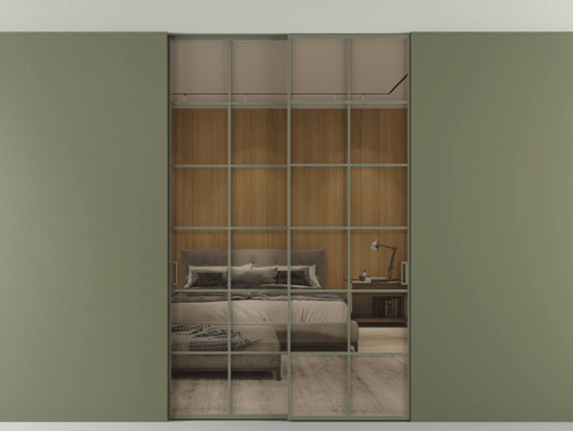 Перегородка Formato внутри проёма двустворчатая со скрытым креплением в потолок АЛПР 040.05 Алюминий оливковый тёмный Рефлективное бронзовое стекло "Stopsol", калёное Цена 343570 ₽ | Volhovec