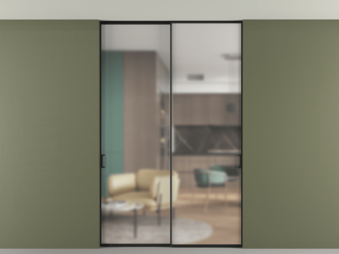 Перегородка Formato внутри проёма скрытое крепление в потолок 2 створки АЛПР 040.01 Алюминий Черный Сатинированное стекло "Matelux Crystal Vision", калёное, матовое, каленое 6 мм Цена 314780 ₽ | Volhovec