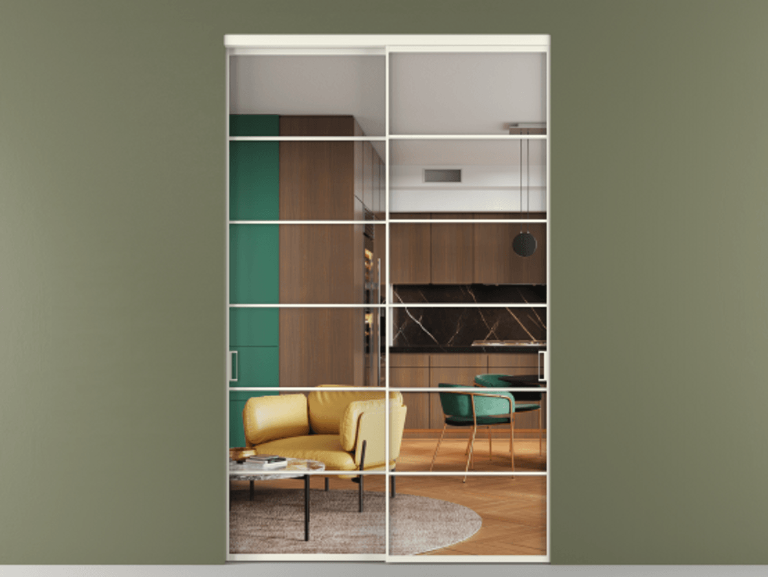 Перегородка Formato внутри проёма 2 створки АЛПР 040.04 Алюминий жемчужный Прозрачное стекло "Кристал Вижн", калёное Цена 543290 ₽  | Volhovec