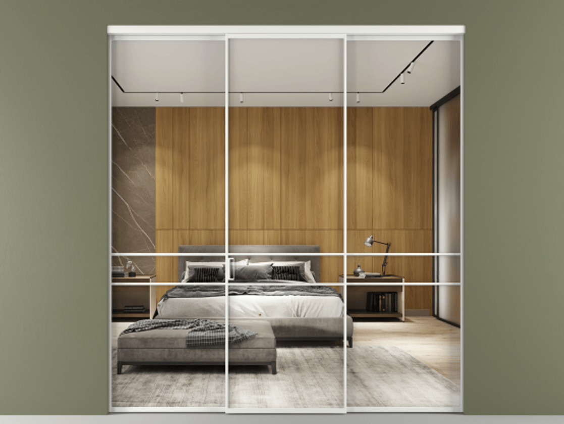 Перегородка Formato внутри проёма трёхстворчатая АЛПР 040.02 Алюминий белоснежный Двустороннее зеркало, триплекс 6 мм, триплекс 6 мм Цена 304260 ₽ | Volhovec