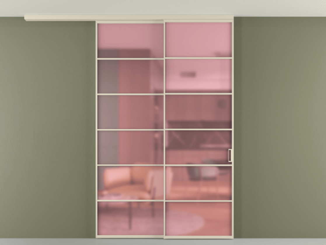 Перегородка Формато вдоль стены на потолок 2 створки с синхронным механизмом АЛПР 040.04 Алюминий бежево-серый Сатинированное розовое стекло, триплекс Цена 320870 ₽ | Volhovec