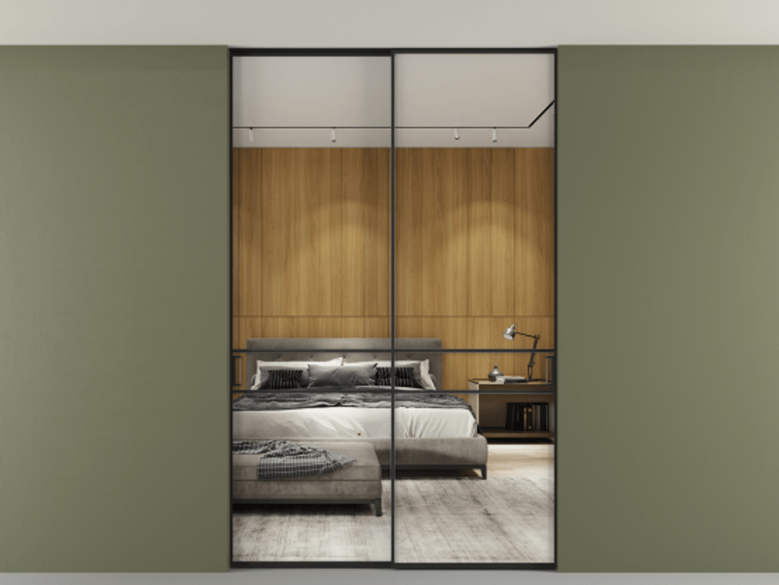 Перегородка Formato внутри проёма двустворчатая со скрытым креплением в потолок АЛПР 040.02 Алюминий Черный Двустороннее зеркало, триплекс 6 мм, триплекс 6 мм Цена 291920 ₽ | Volhovec