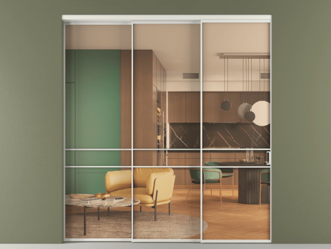 Перегородка Формато внутри проёма 3 створки с синхронным механизмом АЛПР 040.02 Алюминий серый Прозрачное оранжевое стекло, триплекс Цена 378990 ₽  | Volhovec