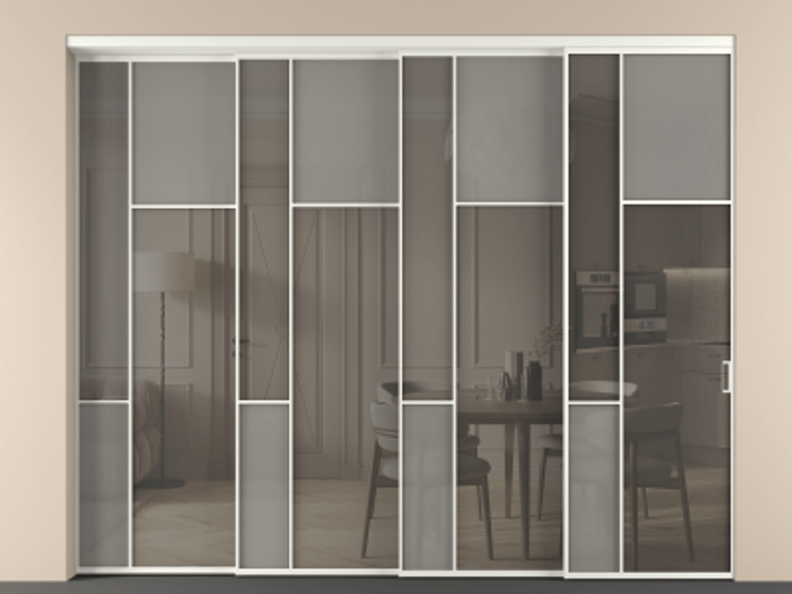 Перегородка Мозаик внутри проёма 4 створки с синхронным механизмом АЛПР 041.11 Алюминий тёплый серый Сатинированное серое стекло, триплекс, 6 мм + Прозрачное серое стекло, триплекс Цена 646270 ₽ | Volhovec