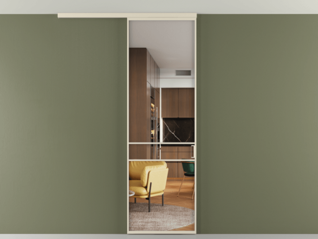 Перегородка Formato вдоль стены на потолок 1 створка АЛПР 040.02 Алюминий бежево-серый Прозрачное стекло "Кристал Вижн", калёное Цена 138060 ₽ | Volhovec