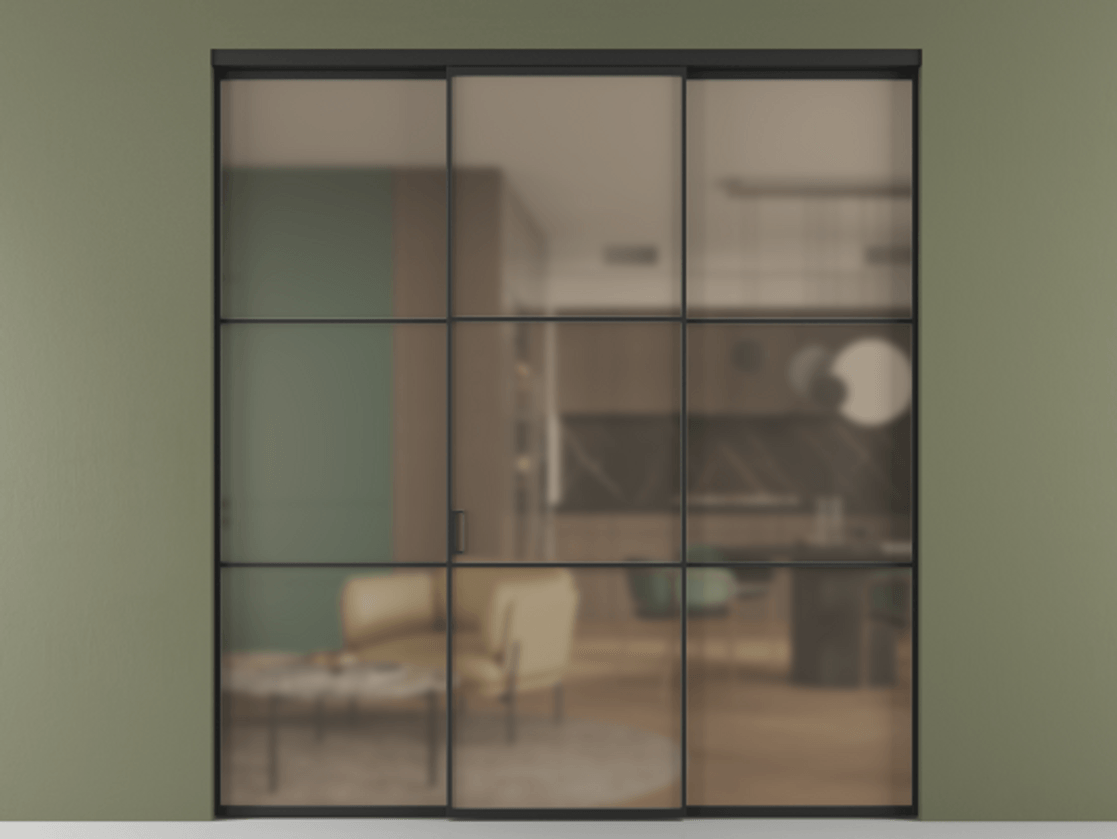 Перегородка Formato внутри проёма трёхстворчатая АЛПР 040.03 Алюминий Черный Сатинированное бронзовое стекло, триплекс Цена 296230 ₽ | Volhovec