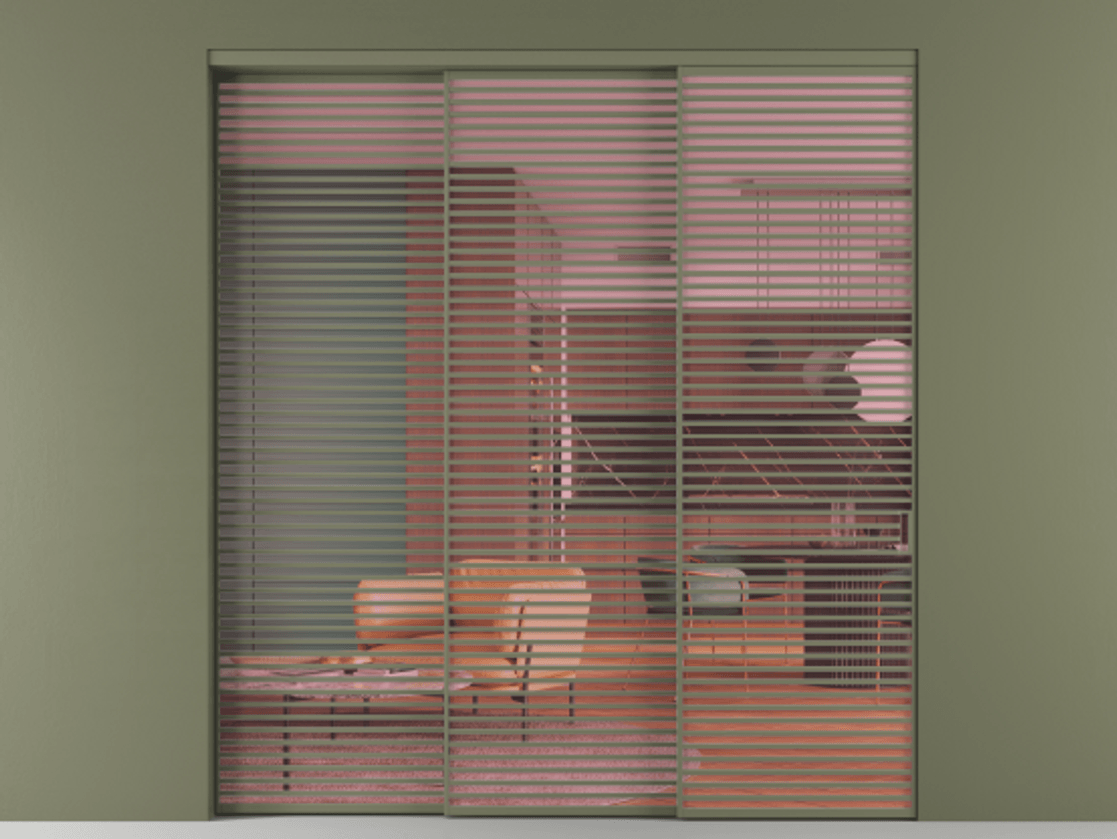 Перегородка Formato внутри проёма 3 створки с синхронным механизмом АЛПР 040.07 Алюминий оливковый тёмный Прозрачное розовое стекло, триплекс Цена 637710 ₽  | Volhovec