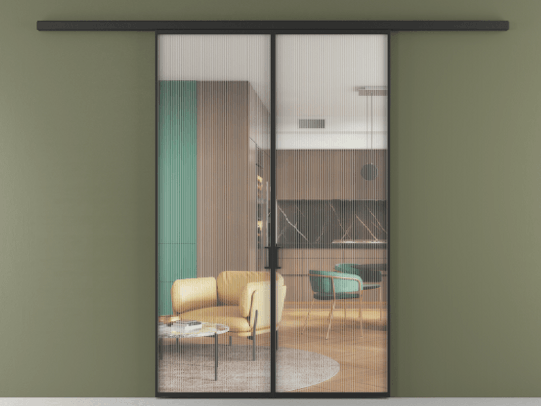 Перегородка Formato вдоль стены 2 створки АЛПР 040.01 Алюминий Черный Рифлёное стекло "Moru", триплекс Цена 252230 ₽ | Volhovec