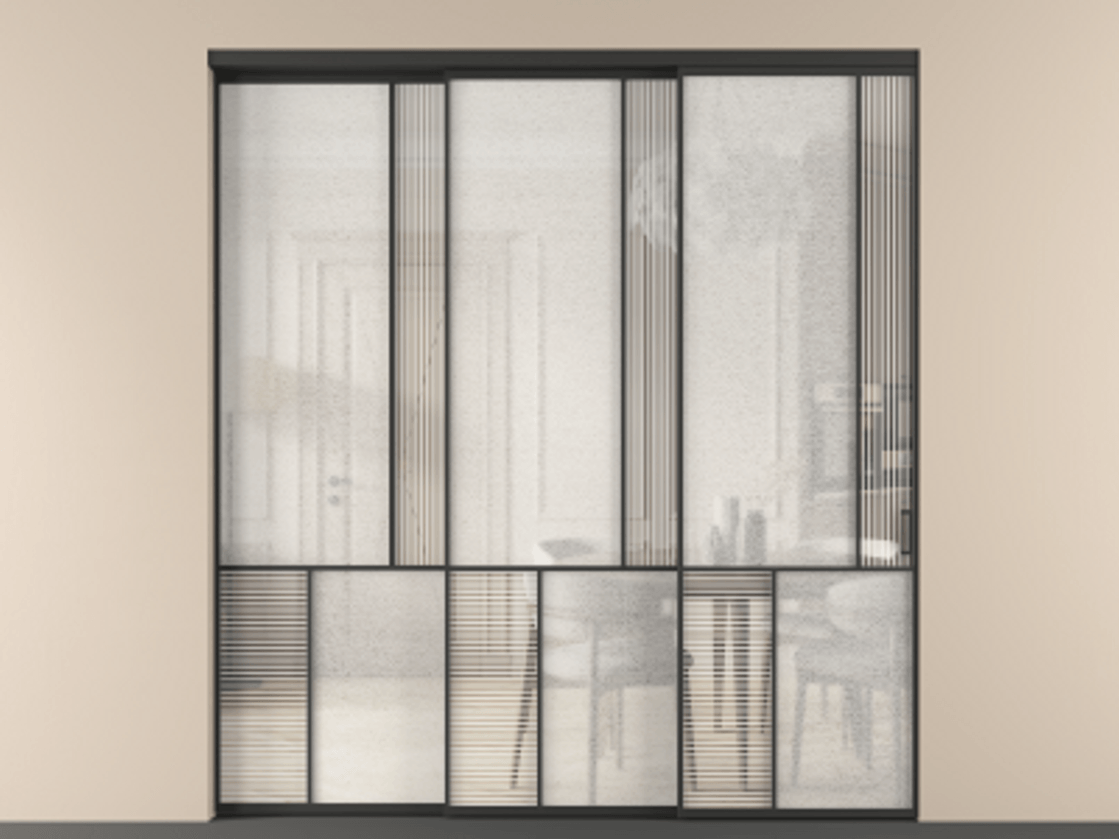 Перегородка Mosaic внутри проёма телескопик синхро 2 АЛПР 041.21 Алюминий Черный Рифлёное стекло "Дюна", триплекс, 6 мм + Фактурное стекло "Лёд", триплекс Цена 468970 ₽ | Volhovec