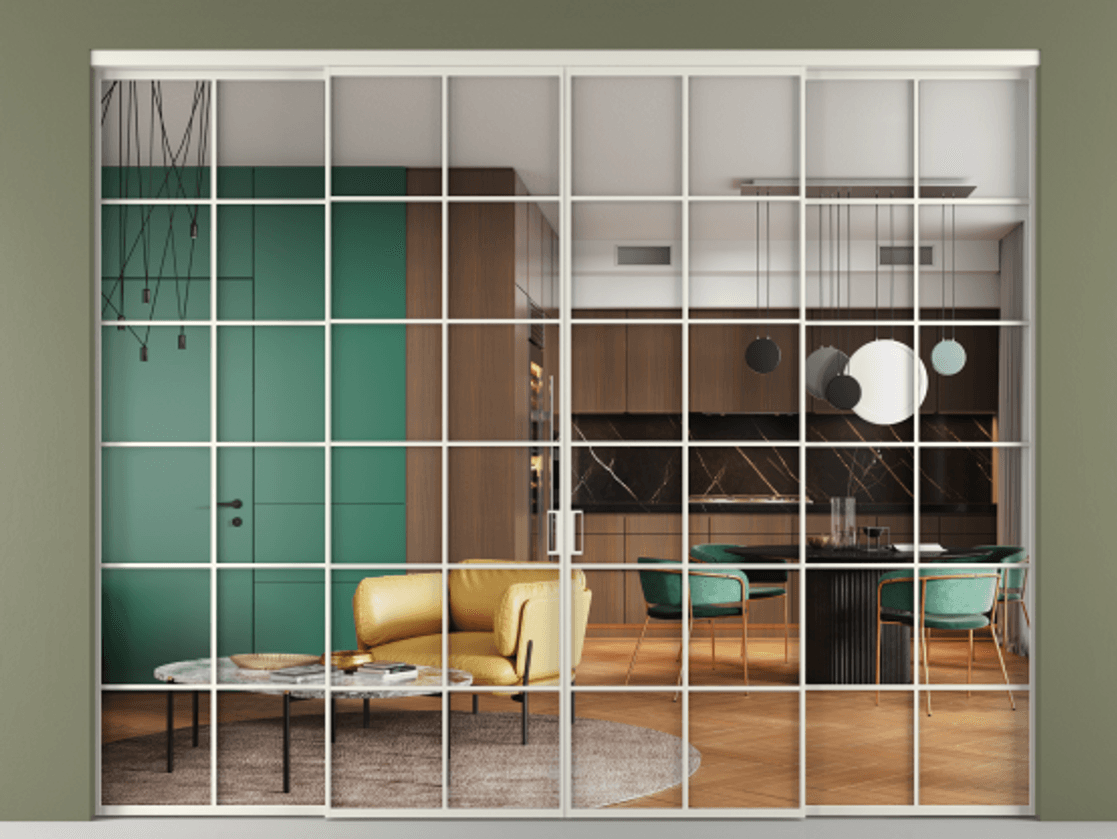 Перегородка Formato внутри проёма 4 створки АЛПР 040.05 Алюминий Белый Прозрачное стекло "Кристал Вижн", калёное Цена 487080 ₽  | Volhovec