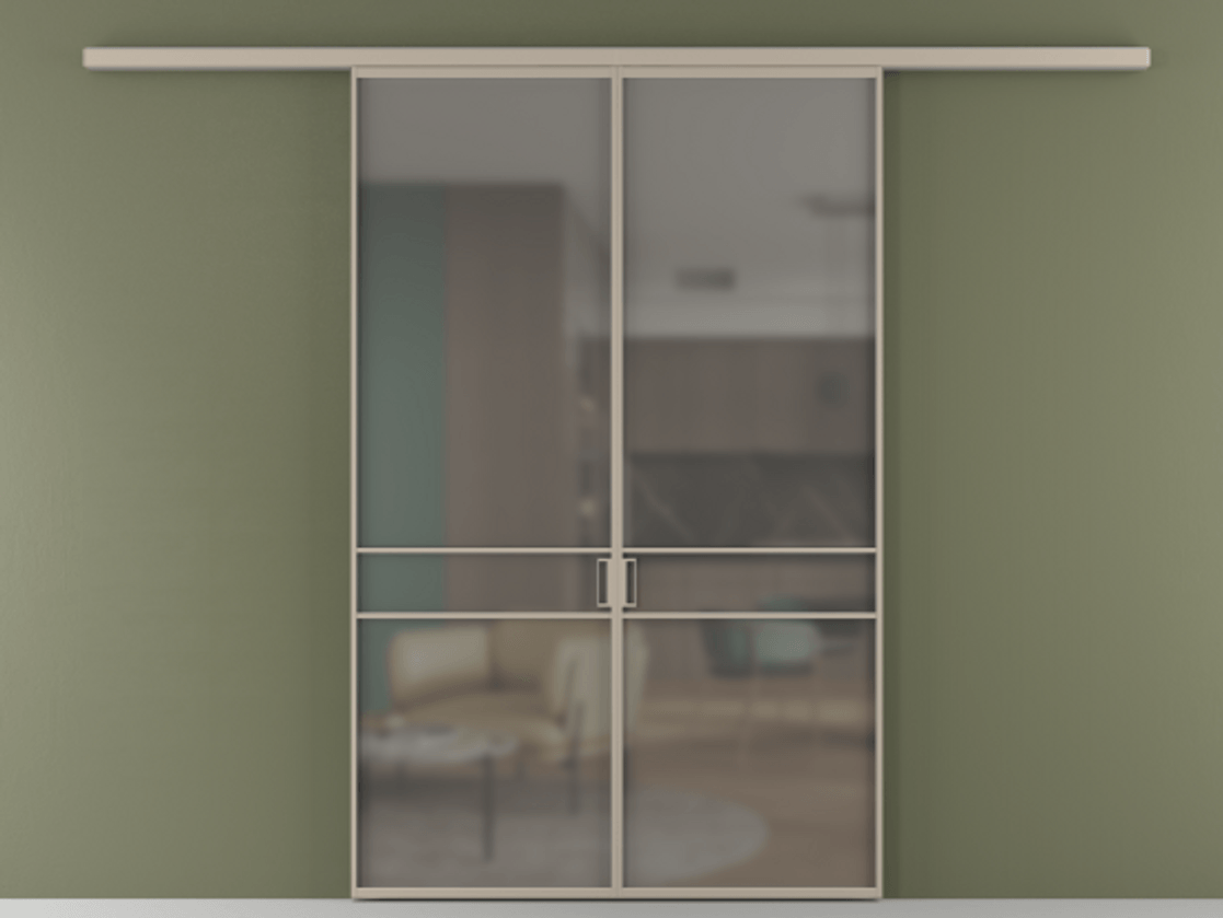 Перегородка Формато вдоль стены 2 створки АЛПР 040.02 Алюминий бисквитный Сатинированное серое стекло, триплекс Цена 256300 ₽ | Volhovec