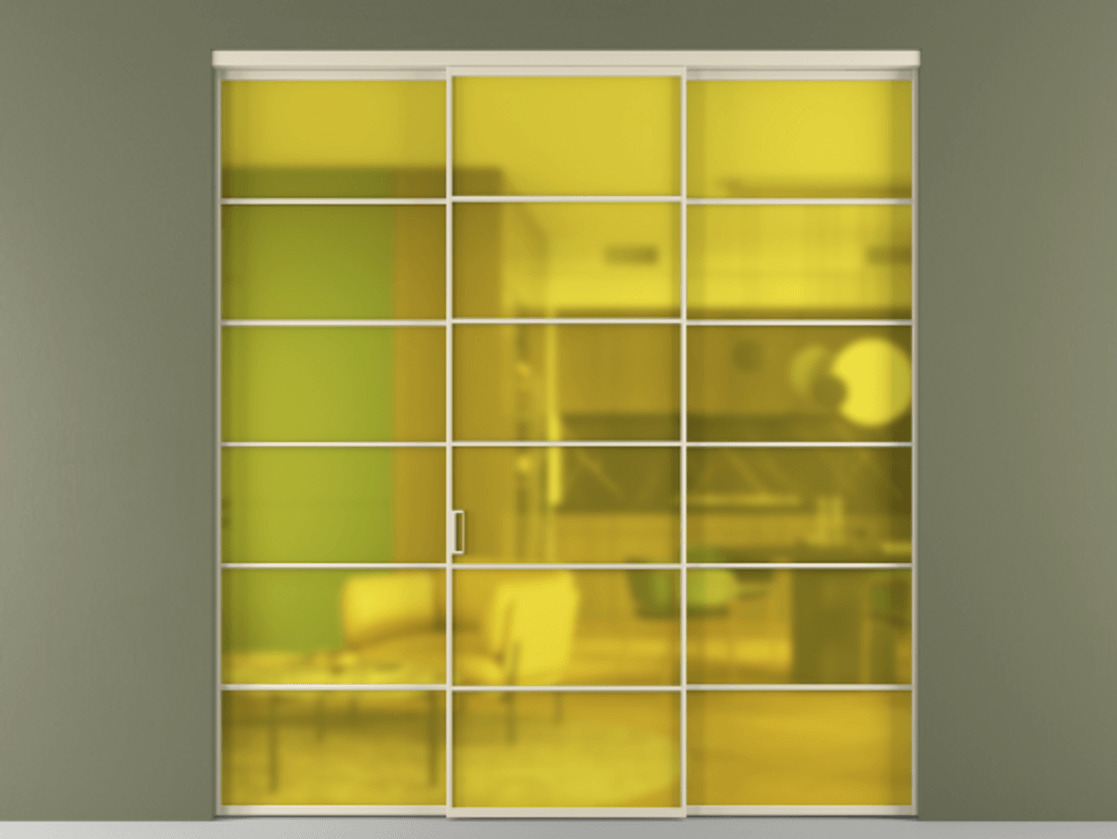 Перегородка Формато внутри проёма 3 створки АЛПР 040.04 Алюминий бежево-серый Сатинированное жёлтое стекло, триплекс Цена 293990 ₽ | Volhovec