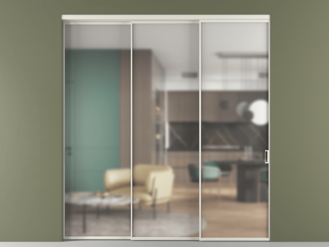 Перегородка Формато внутри проёма 3 створки с синхронным механизмом АЛПР 040.01 Алюминий Белый Сатинированное стекло "Мателюкс Кристал Вижн", калёное, матовое, каленое 6 мм Цена 417890 ₽  | Volhovec