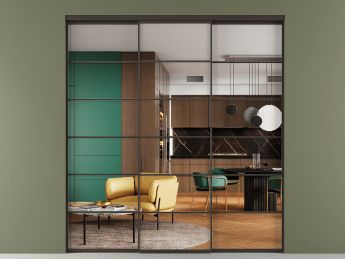 Перегородка Formato внутри проёма 3 створки АЛПР 040.04 Алюминий антрацит Прозрачное стекло "Crystal Vision", калёное Цена 375100 ₽ | Volhovec