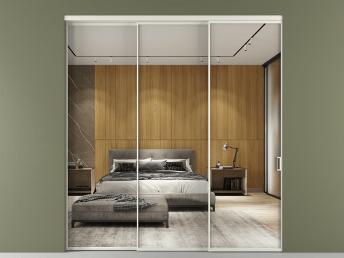 Перегородка Формато внутри проёма 3 створки с синхронным механизмом АЛПР 040.01 Алюминий Белый Двустороннее зеркало, триплекс , триплекс 6 мм Цена 347730 ₽  | Volhovec