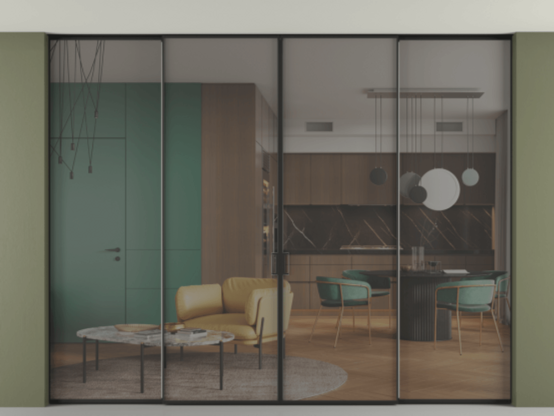 Перегородка Формато внутри проёма скрытое крепление в потолок 4 створки АЛПР 040.01 Алюминий Черный Прозрачное серое стекло, триплекс Цена 532860 ₽ | Volhovec