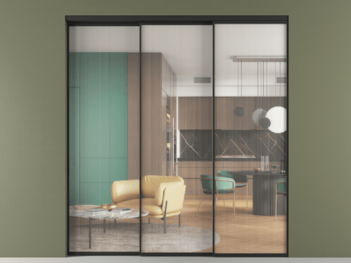 Перегородка Формато внутри проёма 3 створки с синхронным механизмом АЛПР 040.01 Алюминий Черный Рифлёное стекло "Мору", триплекс. Скрытый короб ЧЕР Цена 417890 ₽ 1. Полотно 3 шт. (800/2100 мм)
2. Комплект установки раздвижной системы
3. Базовый комплект фурнитуры
4. Комплект фурнитуры телескопик синхро-2
5.Ручка Рондо. Фабрика дверей Волховец 8 (800) 551 43 19 Перегородка Формато внутри проёма 3 створки с синхронным механизмом АЛПР 040.01 Алюминий Черный Рифлёное стекло "Мору", триплекс Цена 417890 ₽ | Volhovec