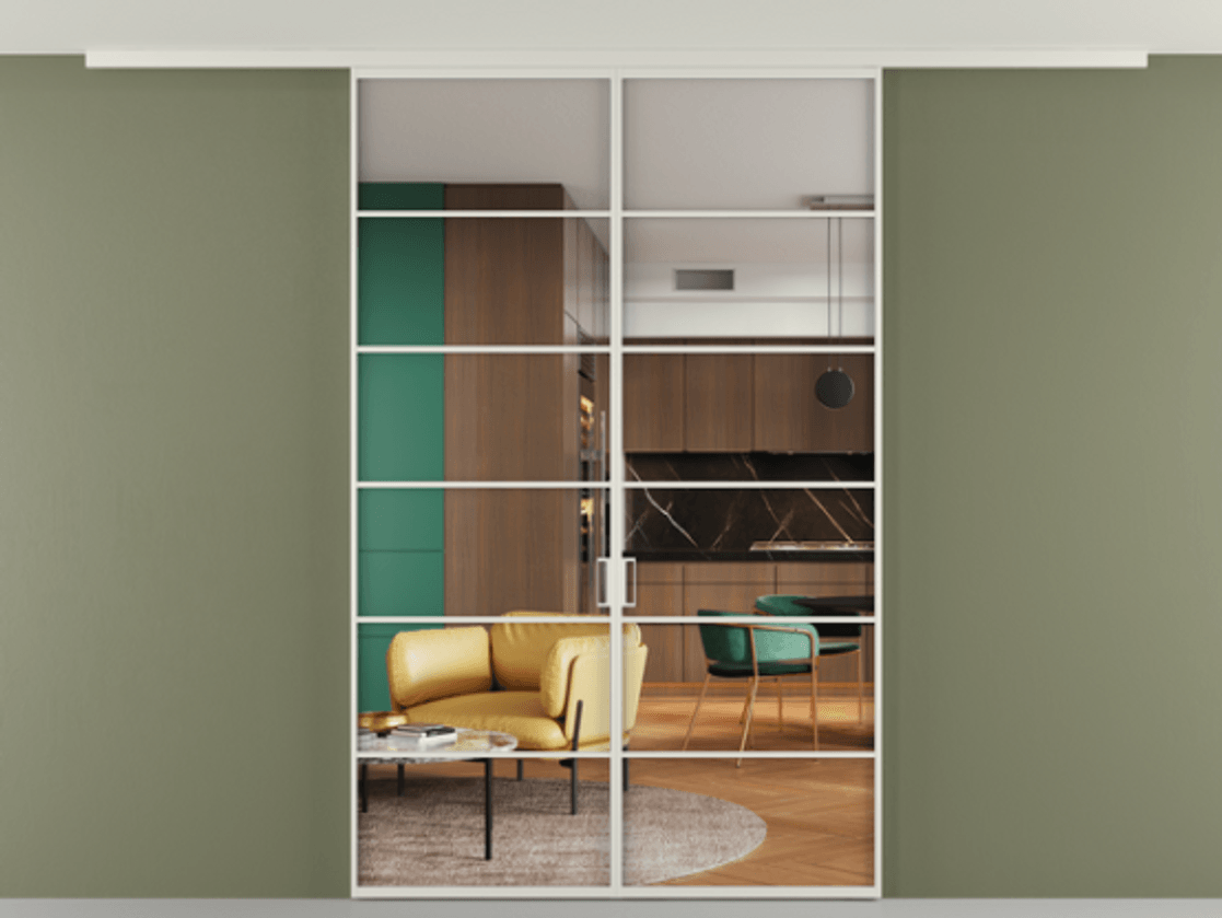 Перегородка Формато вдоль стены на потолок 2 створки АЛПР 040.04 Алюминий Белый Прозрачное стекло "Кристал Вижн", калёное Цена 234590 ₽ | Volhovec