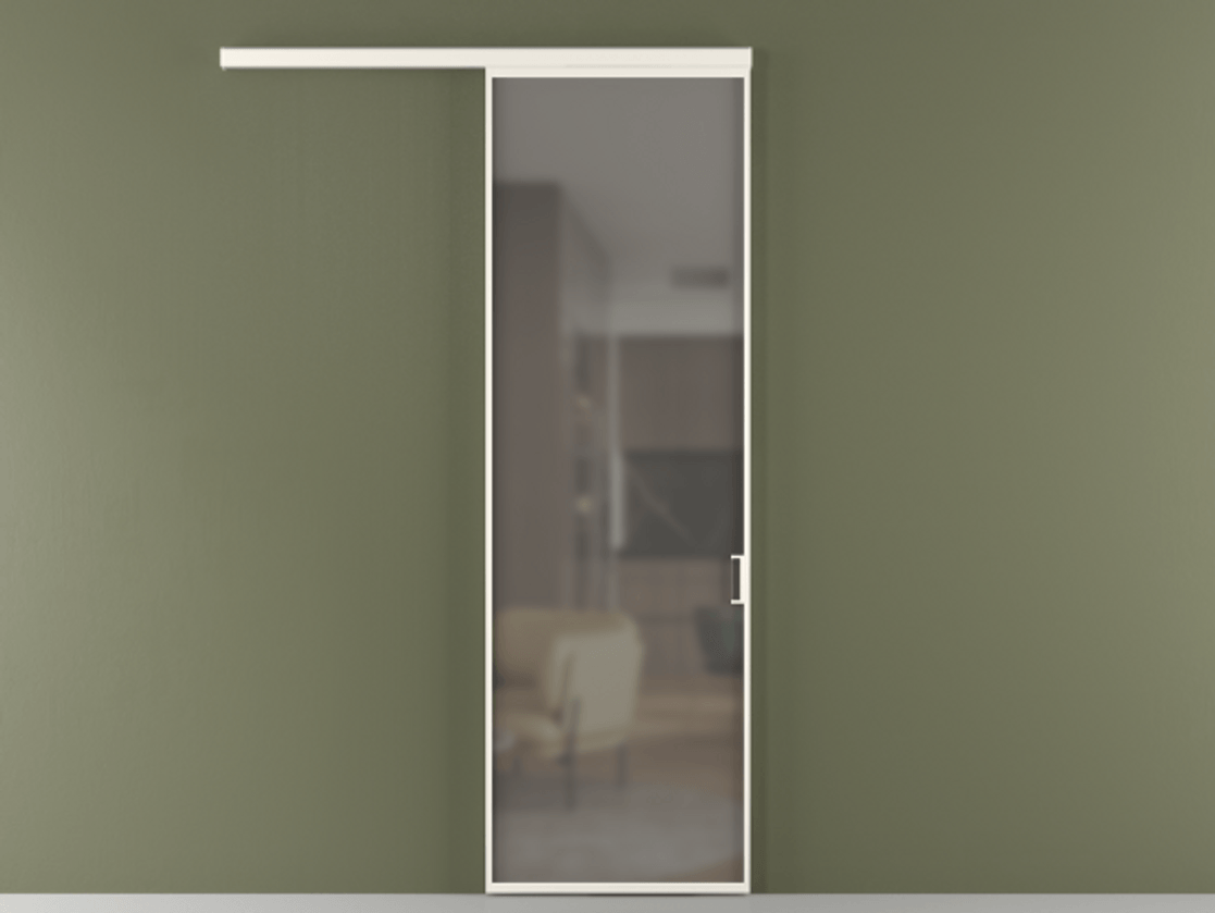 Межкомнатная дверь New Перегородка Formato вдоль стены одностворчатая АЛПР 040.01 Алюминий пудровый белый Сатинированное серое стекло, триплекс Цена 119900  | Volhovec