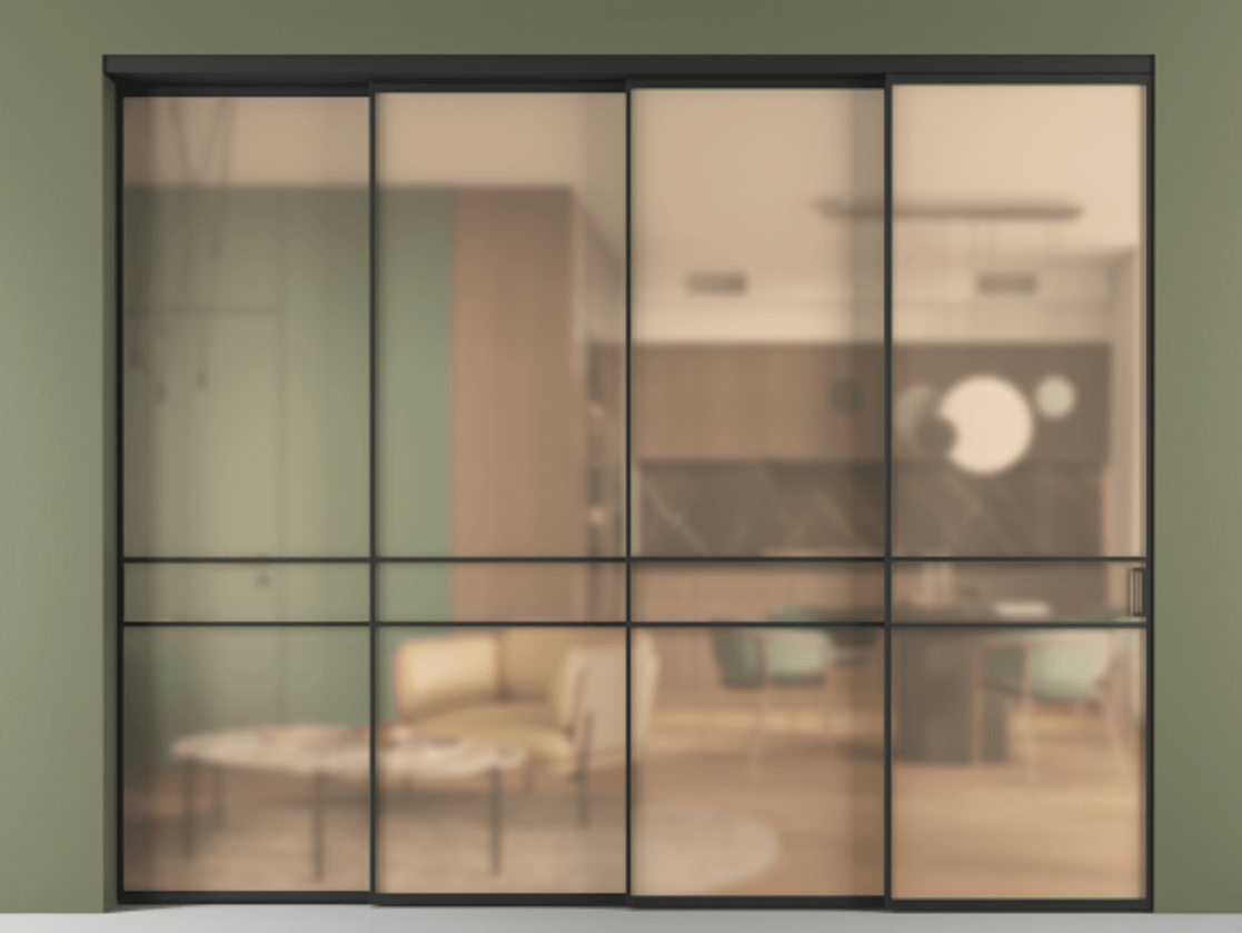 Перегородка Formato внутри проёма 4 створки с синхронным механизмом АЛПР 040.02 Алюминий Черный Сатинированное оранжевое стекло, триплекс Цена 470580 ₽ | Volhovec