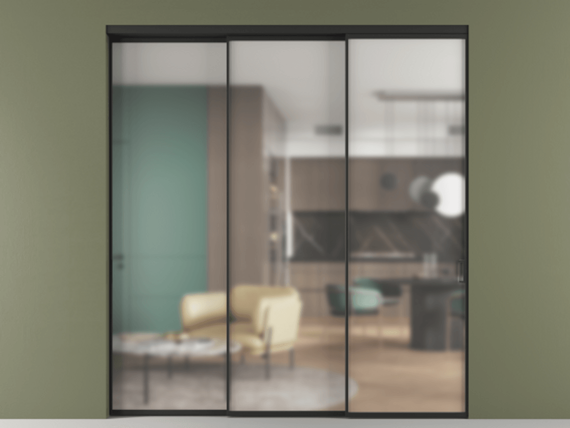 Перегородка Formato внутри проёма телескопик синхро 2 АЛПР 040.01 Алюминий Черный Сатинированное стекло "Matelux Crystal Vision", калёное, матовое, каленое 6 мм Цена 405350 ₽  | Volhovec