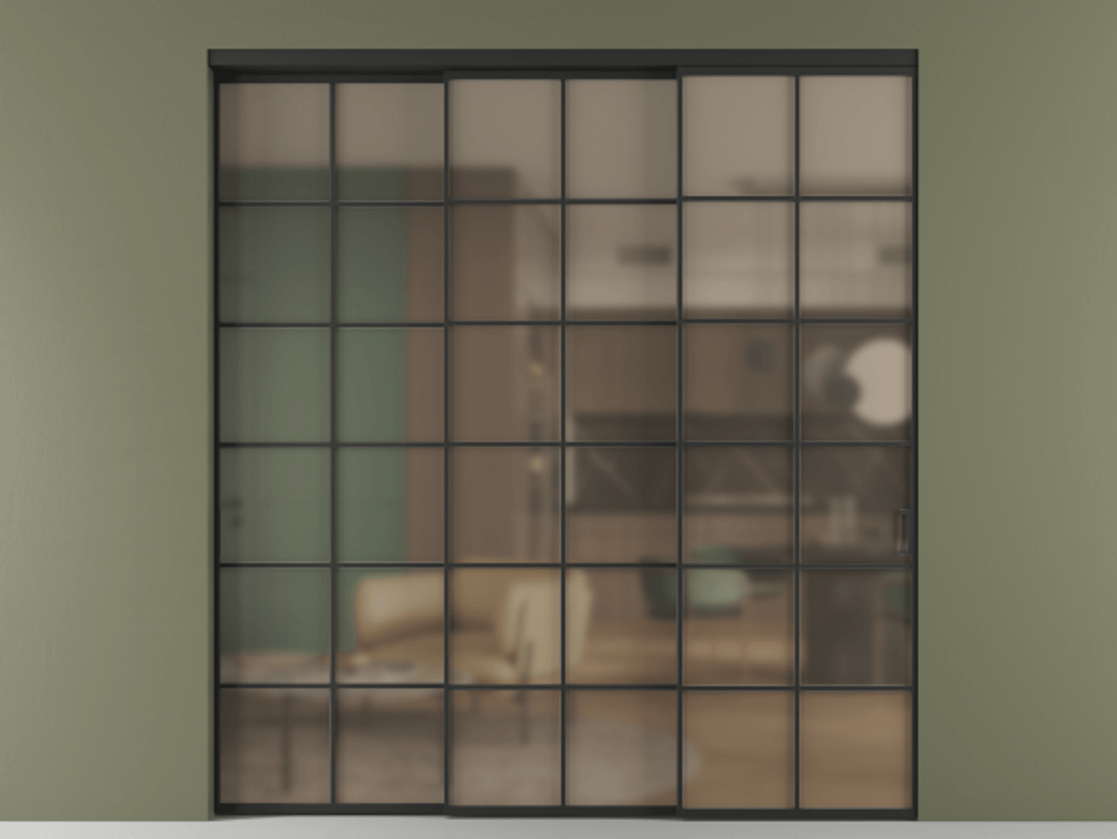 Перегородка Формато внутри проёма 3 створки с синхронным механизмом АЛПР 040.05 Алюминий Черный Сатинированное бронзовое стекло, триплекс Цена 381000 ₽  | Volhovec