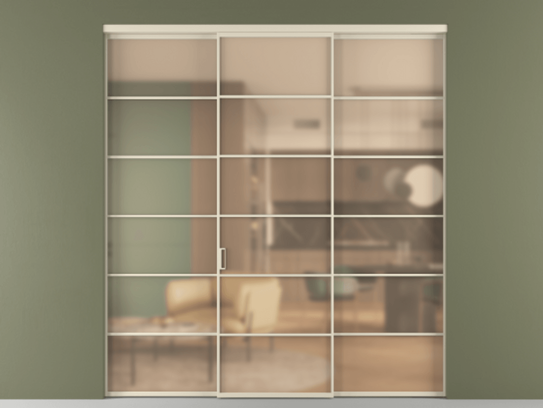 Перегородка Формато внутри проёма 3 створки АЛПР 040.04 Алюминий бежево-серый Сатинированное оранжевое стекло, триплекс Цена 293990 ₽ | Volhovec