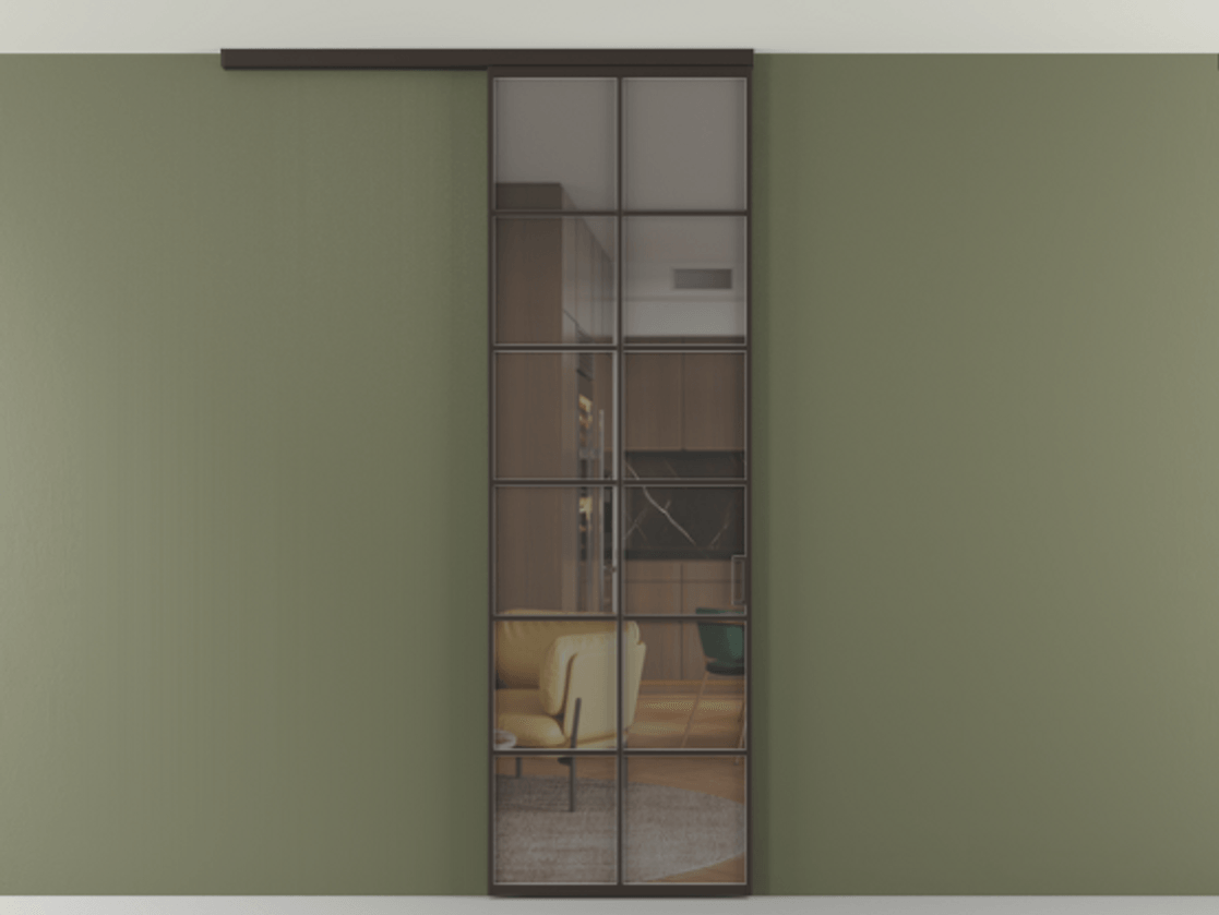 Перегородка Формато вдоль стены на потолок 1 створка АЛПР 040.05 Алюминий антрацит Прозрачное серое стекло, триплекс Цена 118640 ₽ | Volhovec