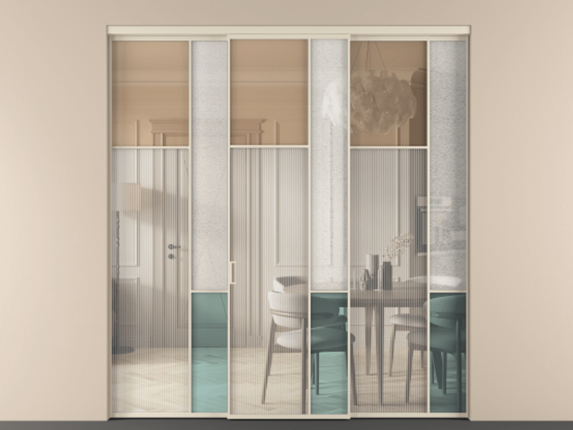 Перегородка Mosaic внутри проёма 3 створки АЛПР 041.10 Алюминий бежево-серый Комбинация стекол Группы 1 и Группы 3 Цена 395330 ₽ | Volhovec