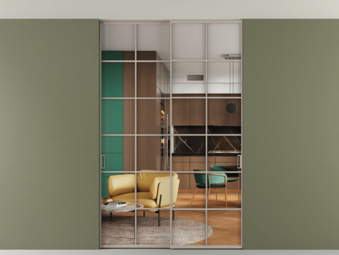 Перегородка Formato внутри проёма скрытое крепление в потолок 2 створки АЛПР 040.05 Алюминий бисквитный Прозрачное стекло "Кристал Вижн", калёное Цена 354950 ₽ | Volhovec