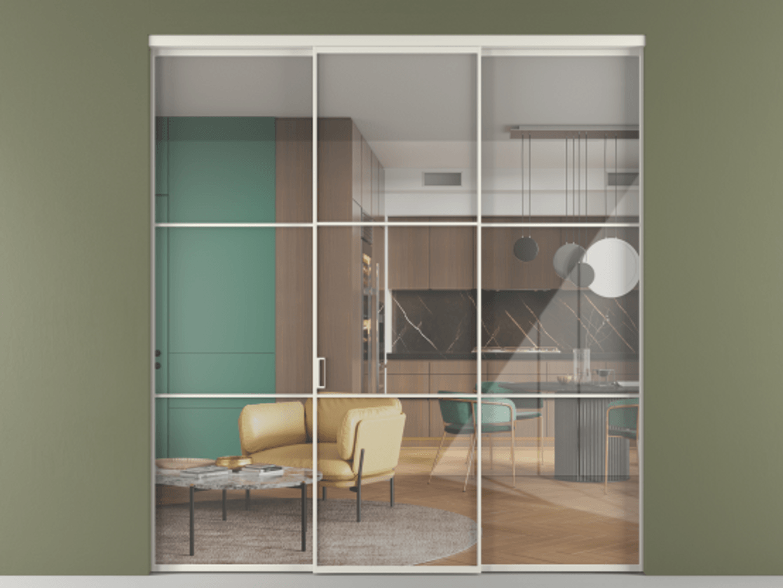 Перегородка Формато внутри проёма 3 створки АЛПР 040.03 Алюминий Белый Рефлективное прозрачное стекло "Стопсол", калёное Цена 336160 ₽ | Volhovec