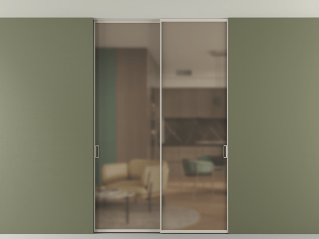 Перегородка Formato внутри проёма двустворчатая со скрытым креплением в потолок АЛПР 040.01 Алюминий светло-бежевый Сатинированное бронзовое стекло, триплекс Цена 54574520 so'm | Volhovec