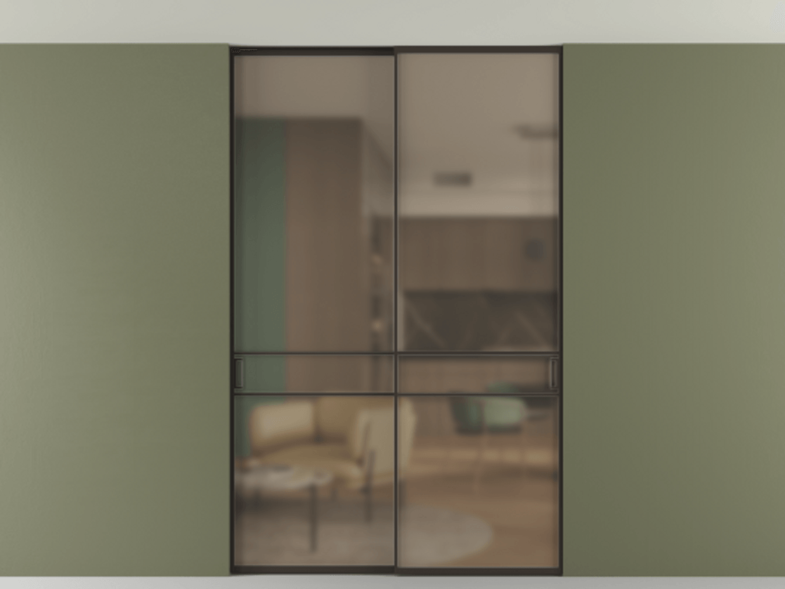 Перегородка Формато внутри проёма скрытое крепление в потолок 2 створки АЛПР 040.02 Алюминий антрацит Сатинированное бронзовое стекло, триплекс Цена 273040 ₽ | Volhovec