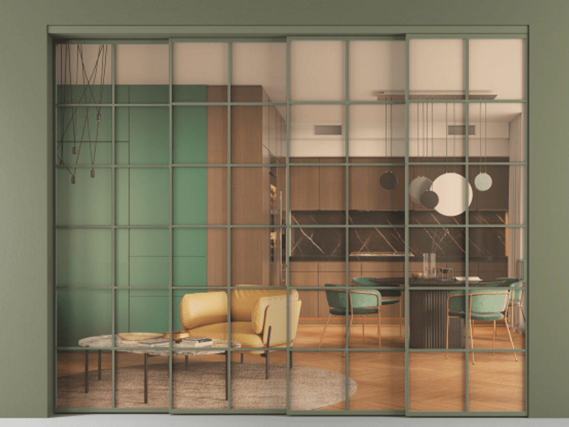 Перегородка Formato внутри проёма 4 створки с синхронным механизмом АЛПР 040.05 Алюминий оливковый тёмный Прозрачное оранжевое стекло, триплекс Цена 537550 ₽ | Volhovec