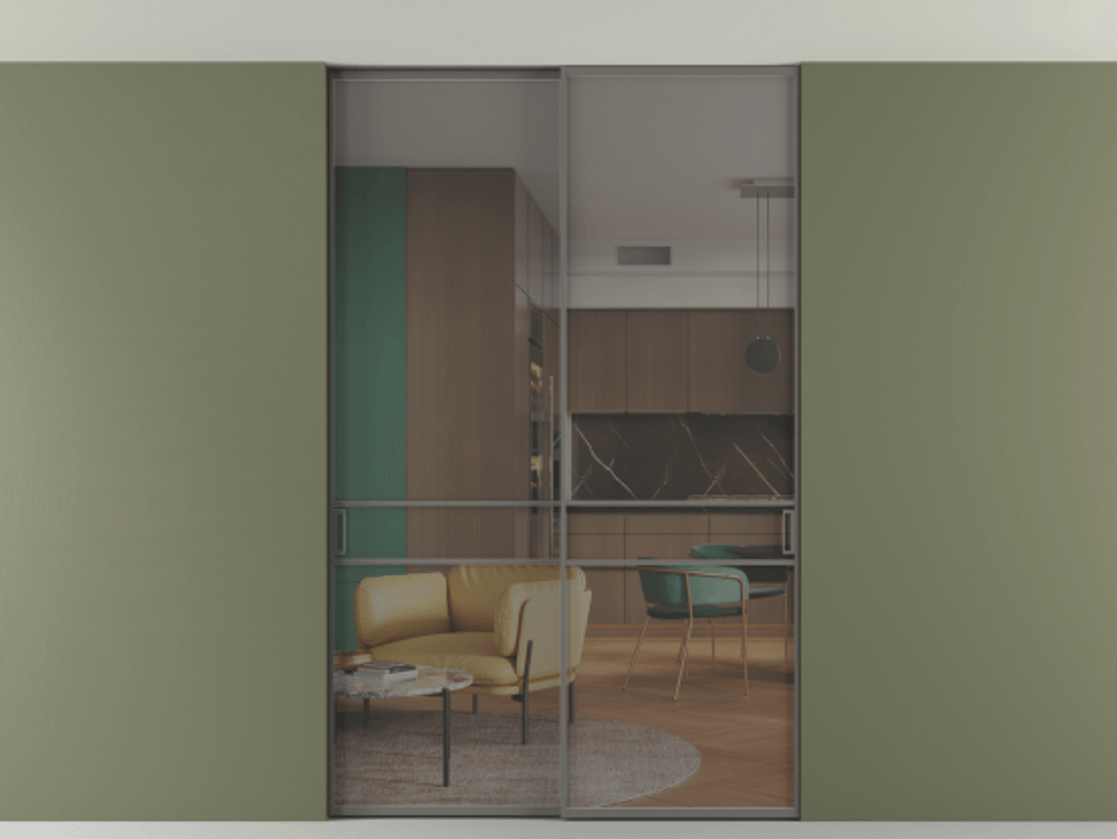 Перегородка Формато внутри проёма скрытое крепление в потолок 2 створки АЛПР 040.02 Алюминий классический серый Прозрачное серое стекло, триплекс Цена 318470 ₽ | Volhovec