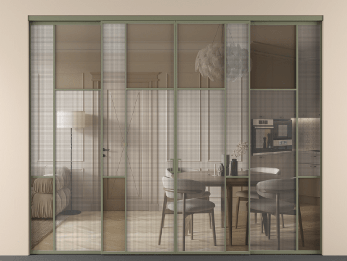 Перегородка Mosaic внутри проёма четырёхстворчатая АЛПР 041.10 Алюминий оливковый тёмный Декоративное стекло с сеткой "Mesh silver", триплекс, 6 мм + Прозрачное бронзовое стекло, триплекс Цена 94248840 so'm | Volhovec