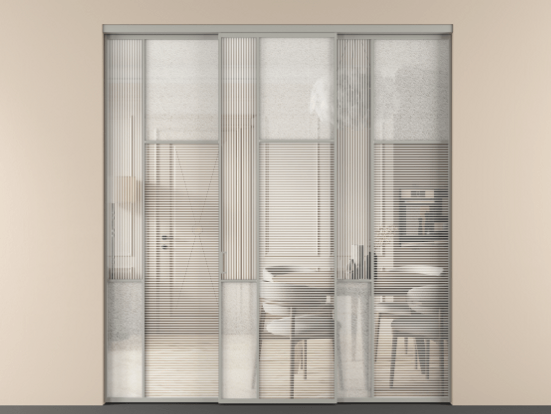 Перегородка Мозаик внутри проёма 3 створки АЛПР 041.11 Алюминий нейтральный серый Рифлёное стекло "Дюна", триплекс, 6 мм + Фактурное стекло "Лёд", триплекс Цена 401930 ₽ | Volhovec