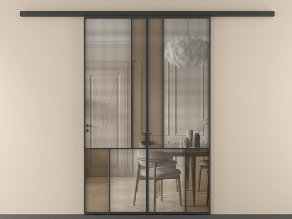 Перегородка Mosaic вдоль стены двустворчатая АЛПР 041.20 Алюминий Черный Mesh silver + Бронза прозрачное триплекс Цена 276720 ₽ | Volhovec