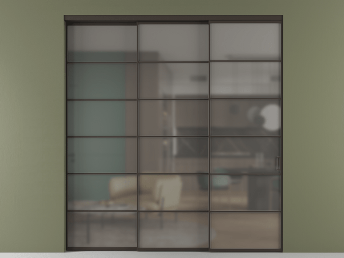 Перегородка Formato внутри проёма телескопик синхро 2 АЛПР 040.04 Алюминий антрацит Сатинированное серое стекло, триплекс, 6 мм Цена 428450 ₽  | Volhovec