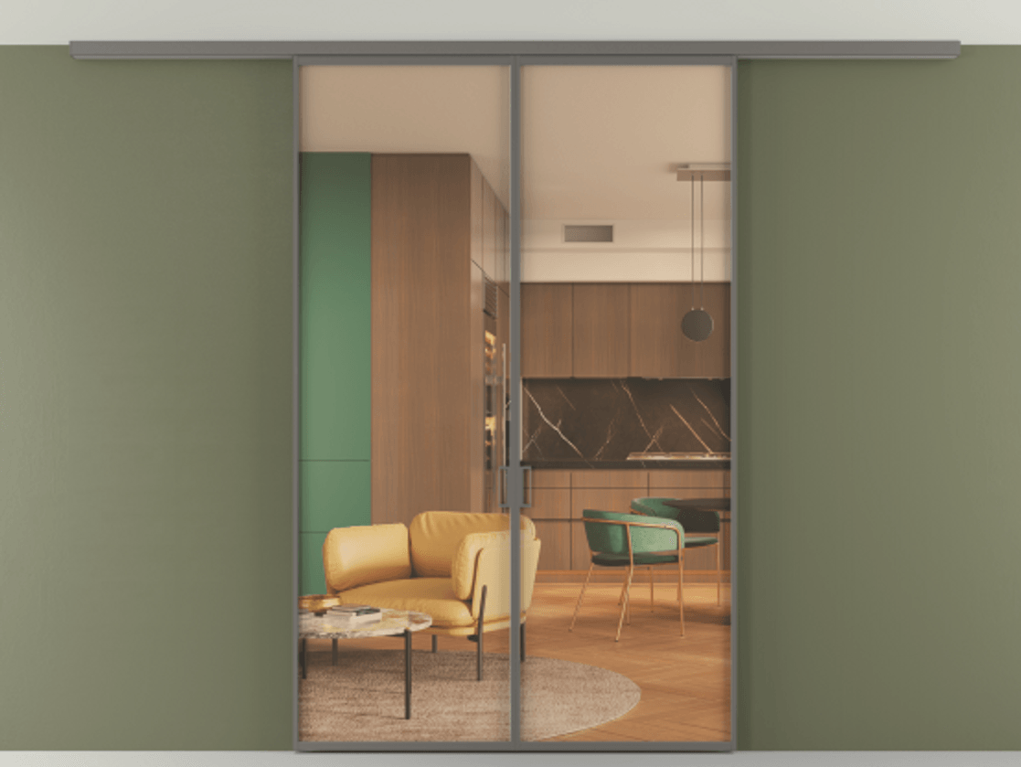 Перегородка Формато вдоль стены на потолок 2 створки АЛПР 040.01 Алюминий классический серый Прозрачное оранжевое стекло, триплекс Цена 203910 ₽ | Volhovec